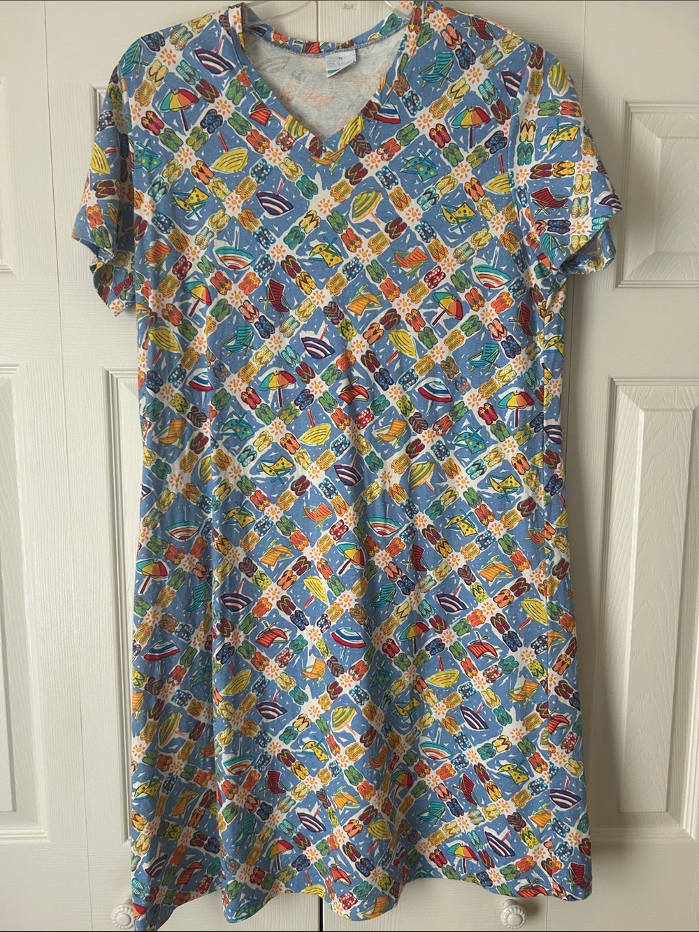 On White size XL Blue V-Neck Casual Mini Dress with Beach Print